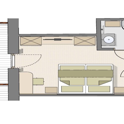 Grundriss einer modernen Wohnung mit Terrasse.