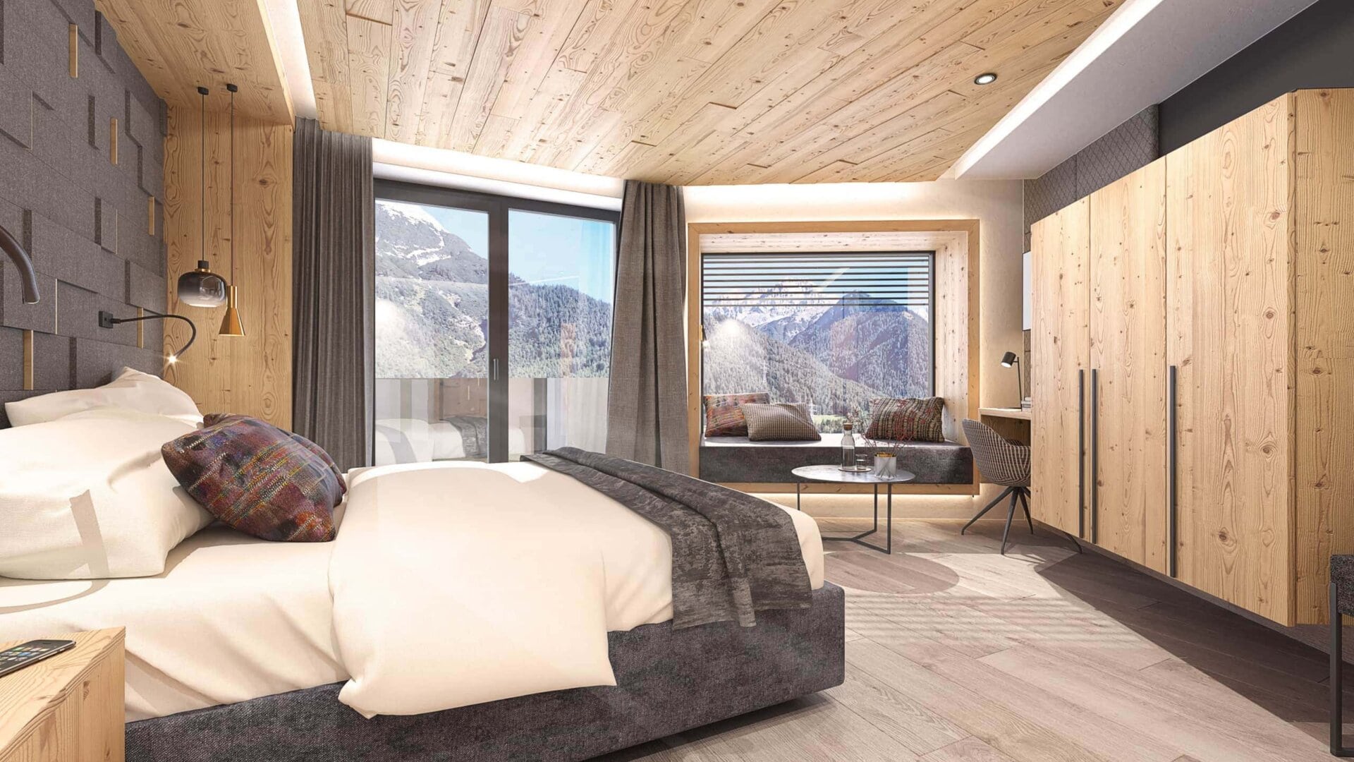 Moderne Hotelzimmer mit Bergblick und Holzdesign.