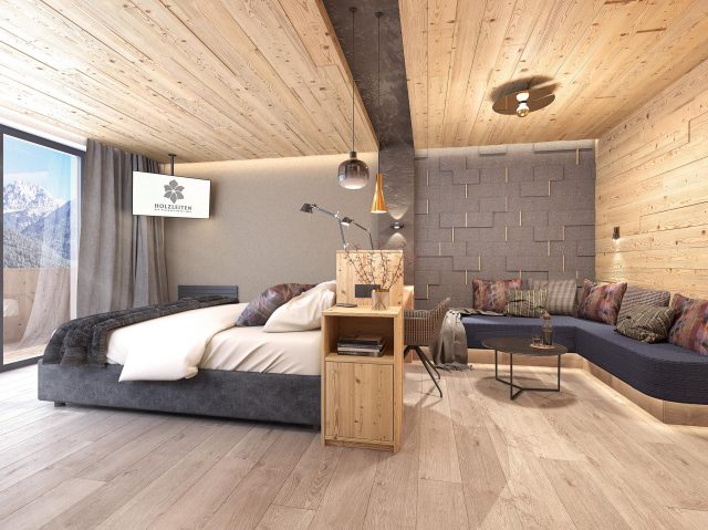 Moderne Hotelzimmer mit Holzdesign und Bergblick