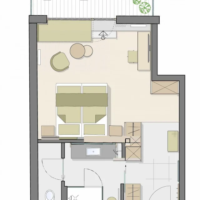 Grundriss einer modernen Wohnung mit Balkon.