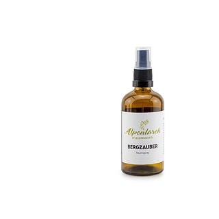 Bergzauber Raumspray in braunem Glasflacon.