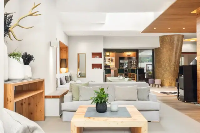 Helles, modernes Wohnzimmer mit Pflanzen und Holz.